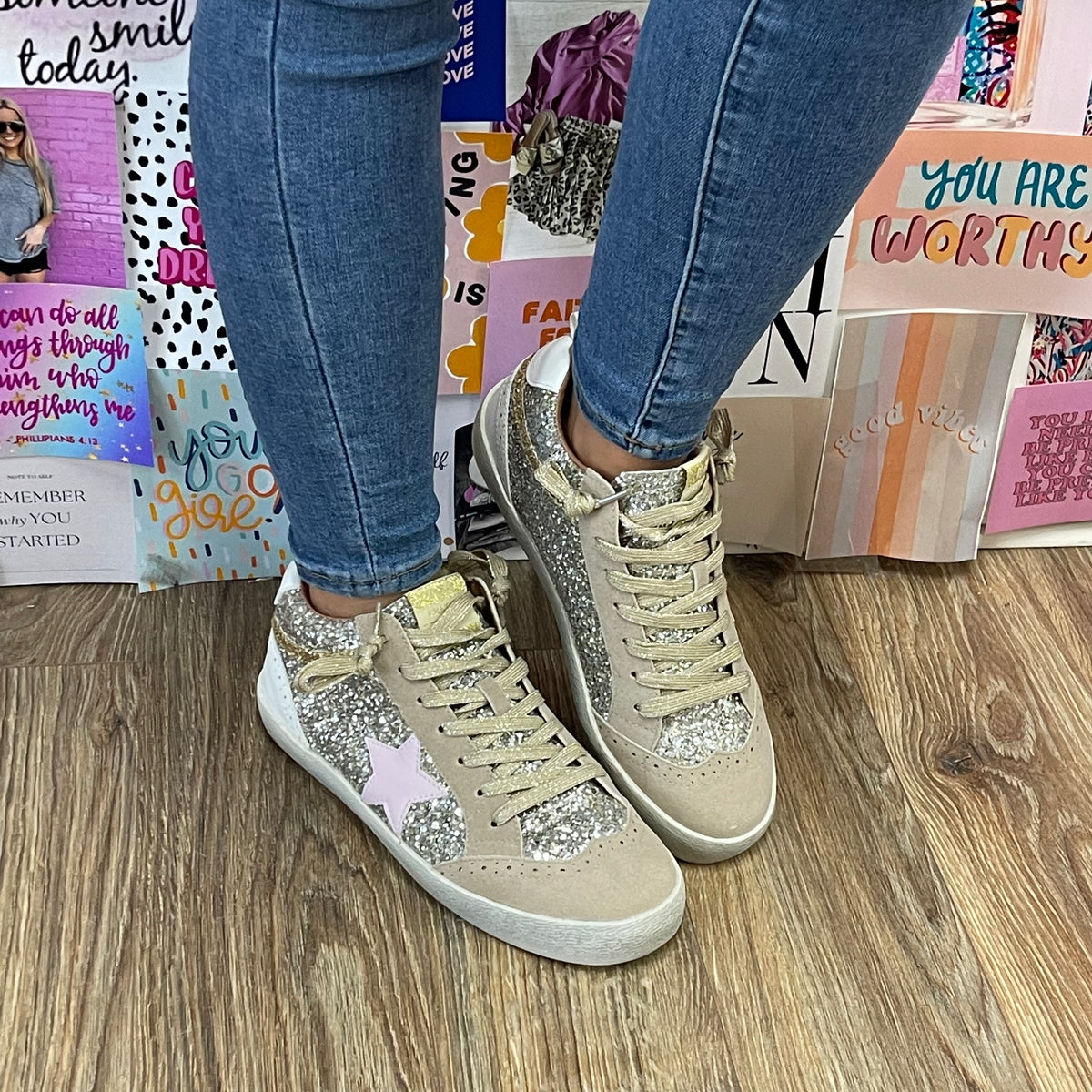 GOLD GLITTER PINK STAR SNEAKER