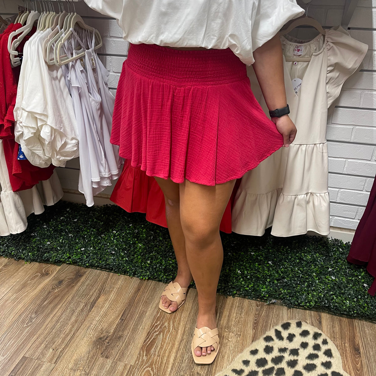 RED SMOCKED SKORT