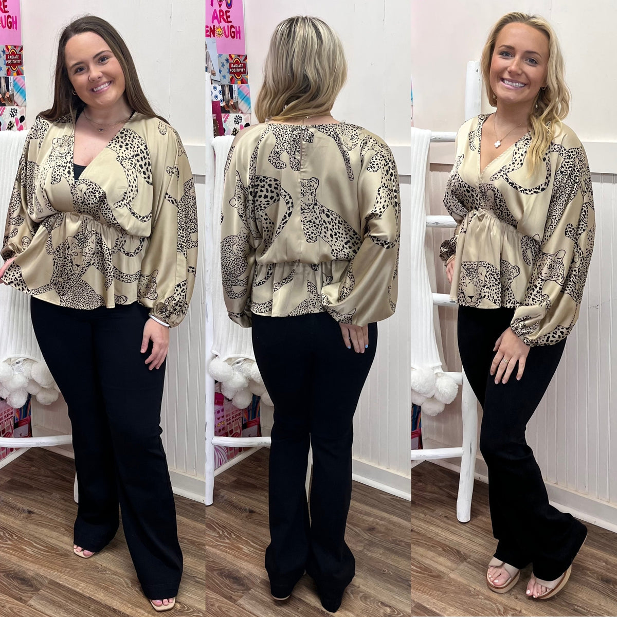 SATIN LATTE LEOPARD PEPLUM TOP