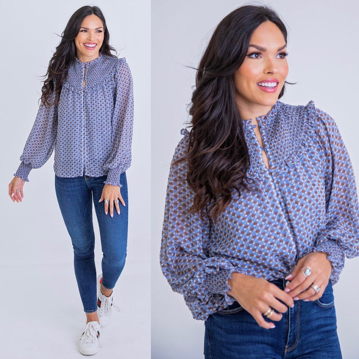 GEOMETRIC SMOCKED BUTTON TOP