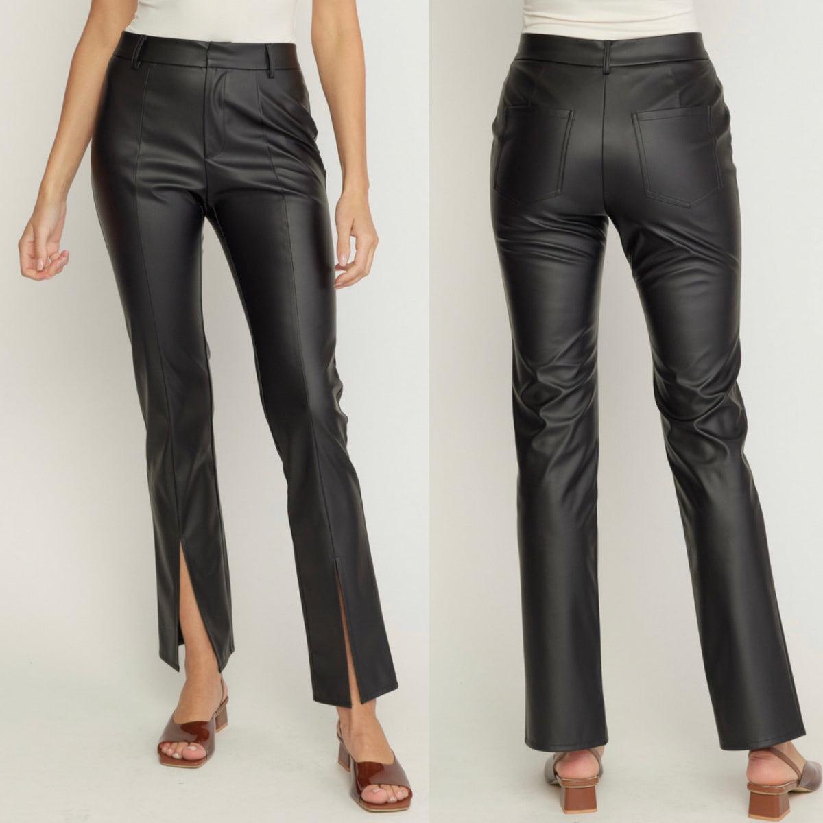 BLACK FAUX LEATHER SPLIT HEM PANT