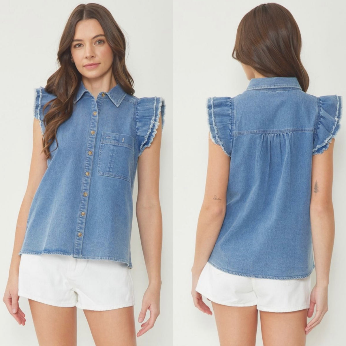 DENIM COLLARED RUFFLE SLV TOP