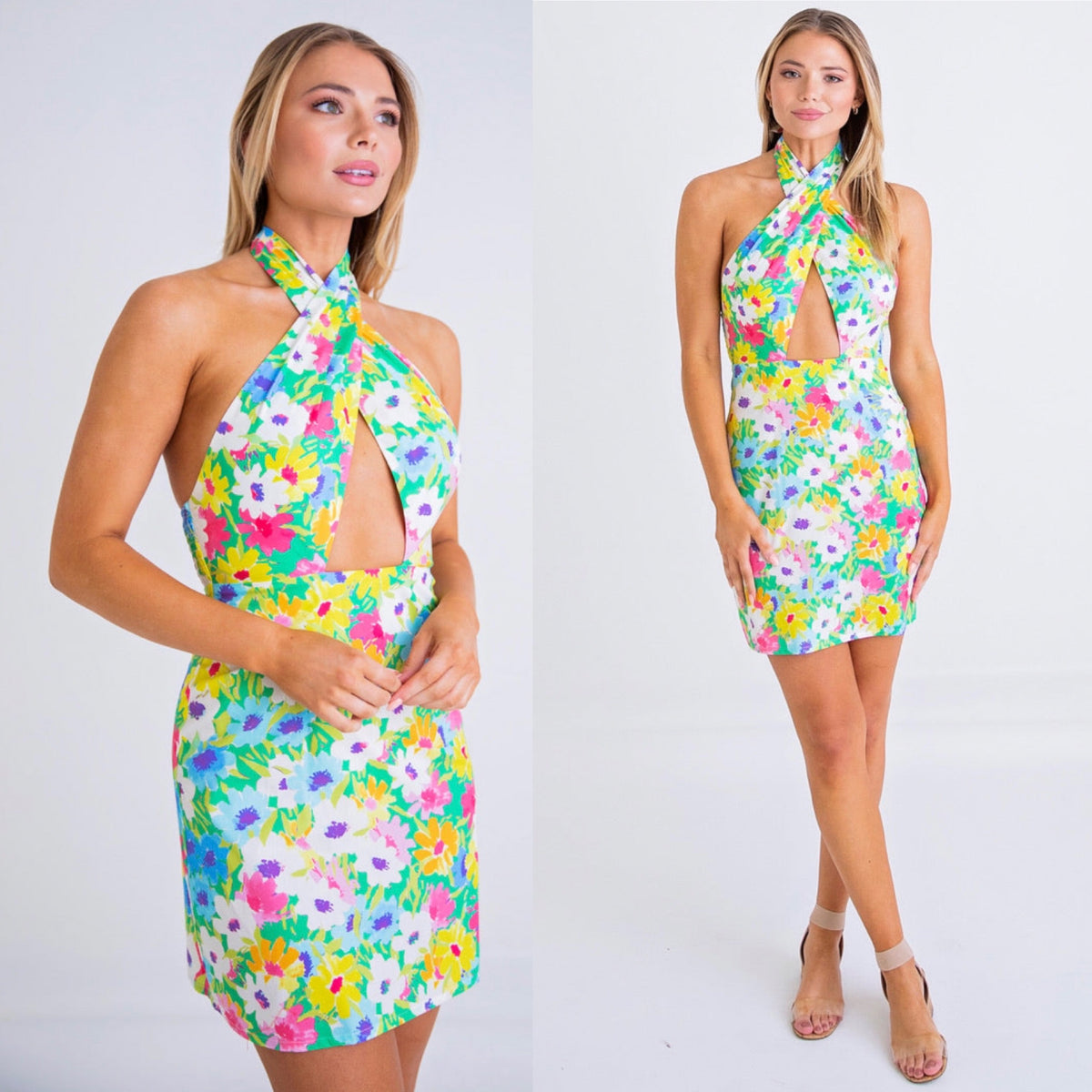 BRIGHT FLORAL HALTER CROSS FRONT DRESS