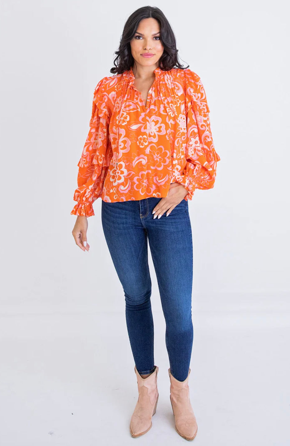 ORANGE FLORAL RUFFLE SLV TOP