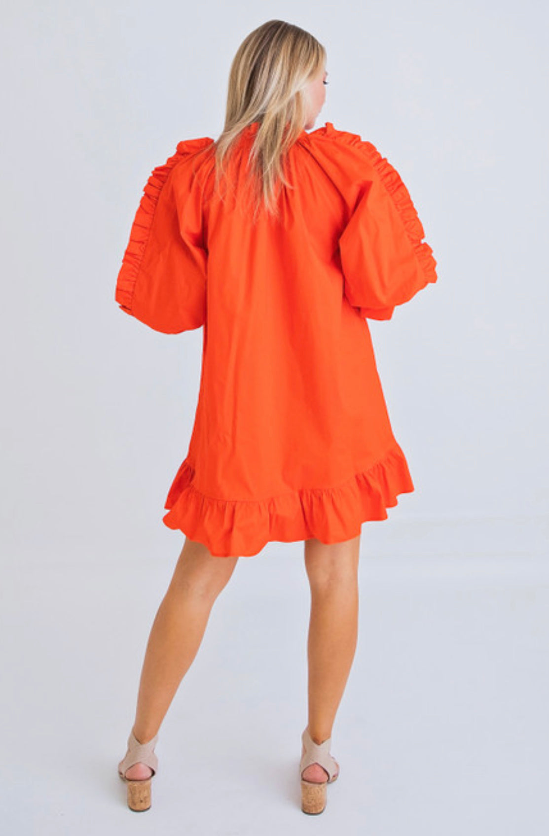 TOMATO RED RUFFLE POPLIN RUFFLE SLV DRESS