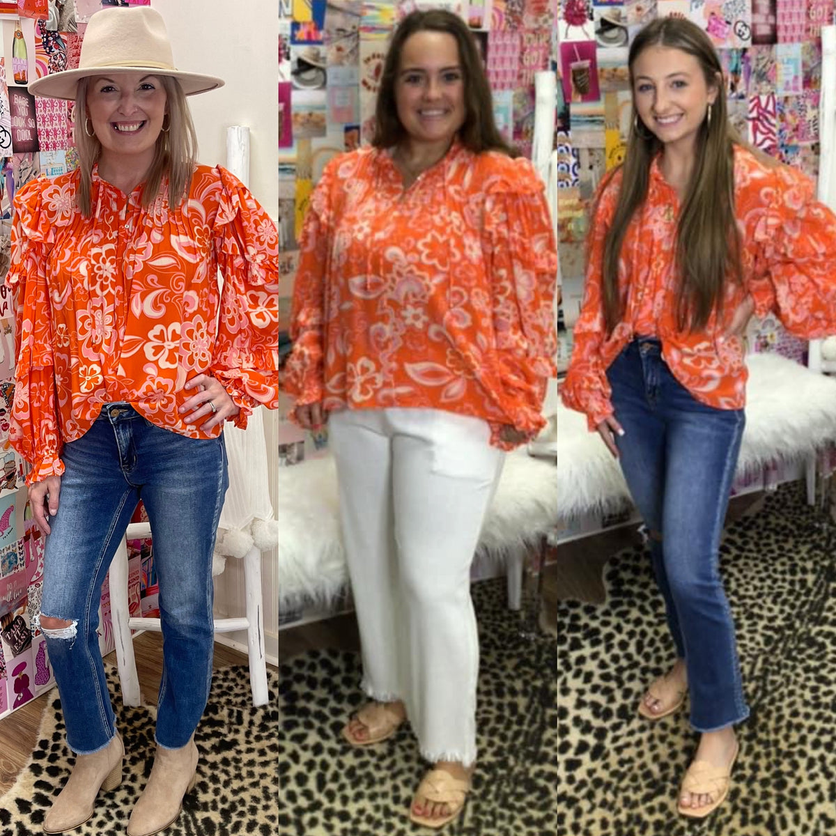 ORANGE FLORAL RUFFLE SLV TOP