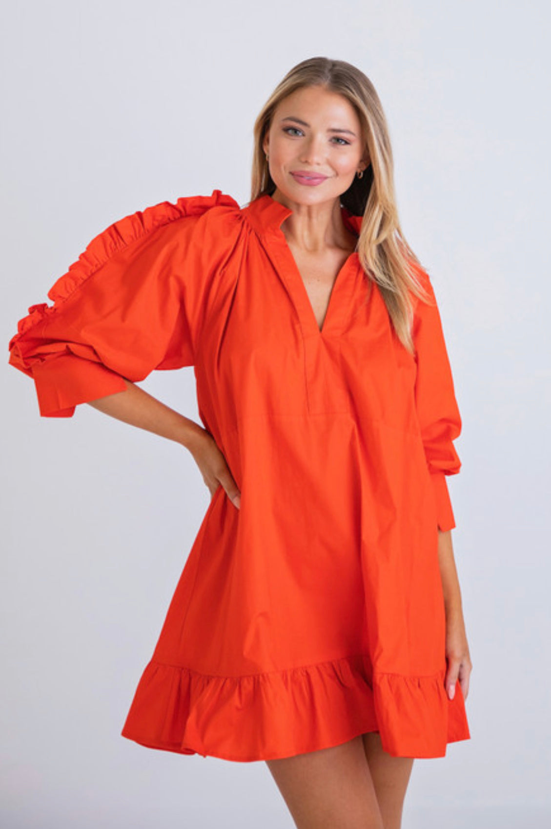TOMATO RED RUFFLE POPLIN RUFFLE SLV DRESS