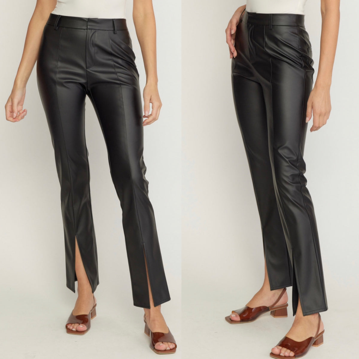BLACK FAUX LEATHER SPLIT HEM PANT