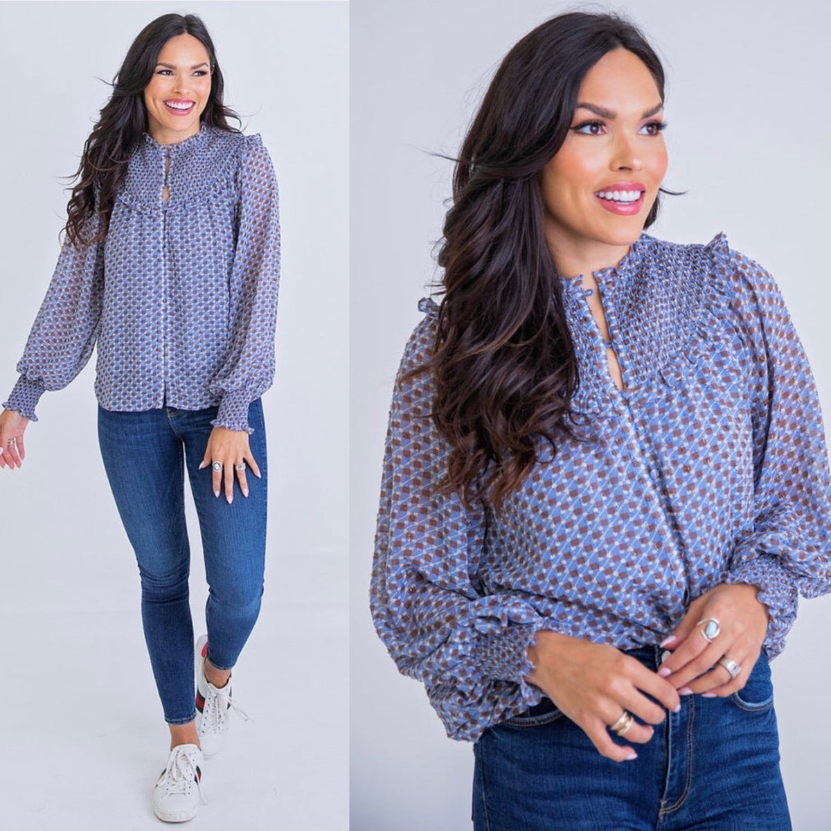 GEOMETRIC SMOCKED BUTTON TOP