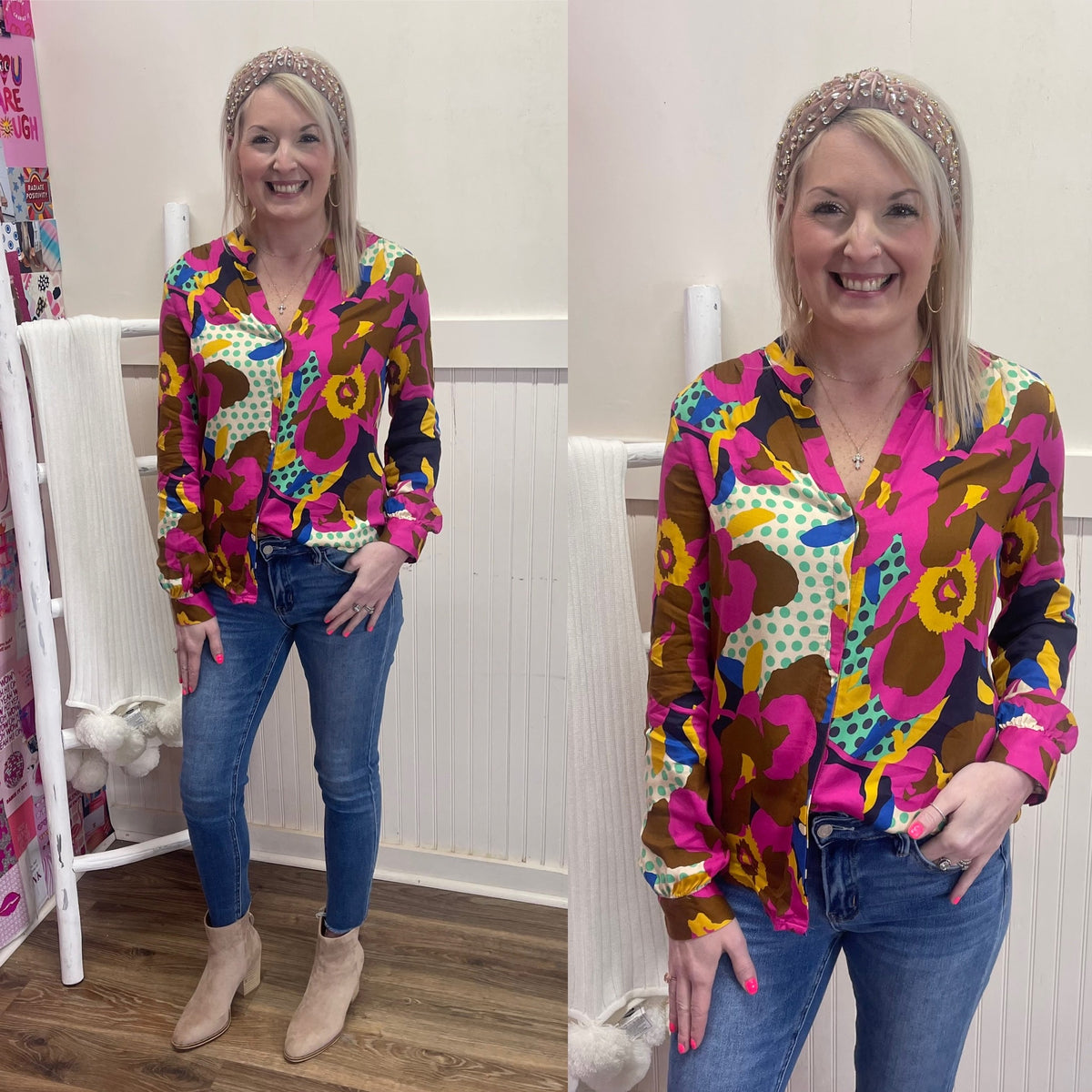 BIG FLORAL DOT BUTTON UP TOP