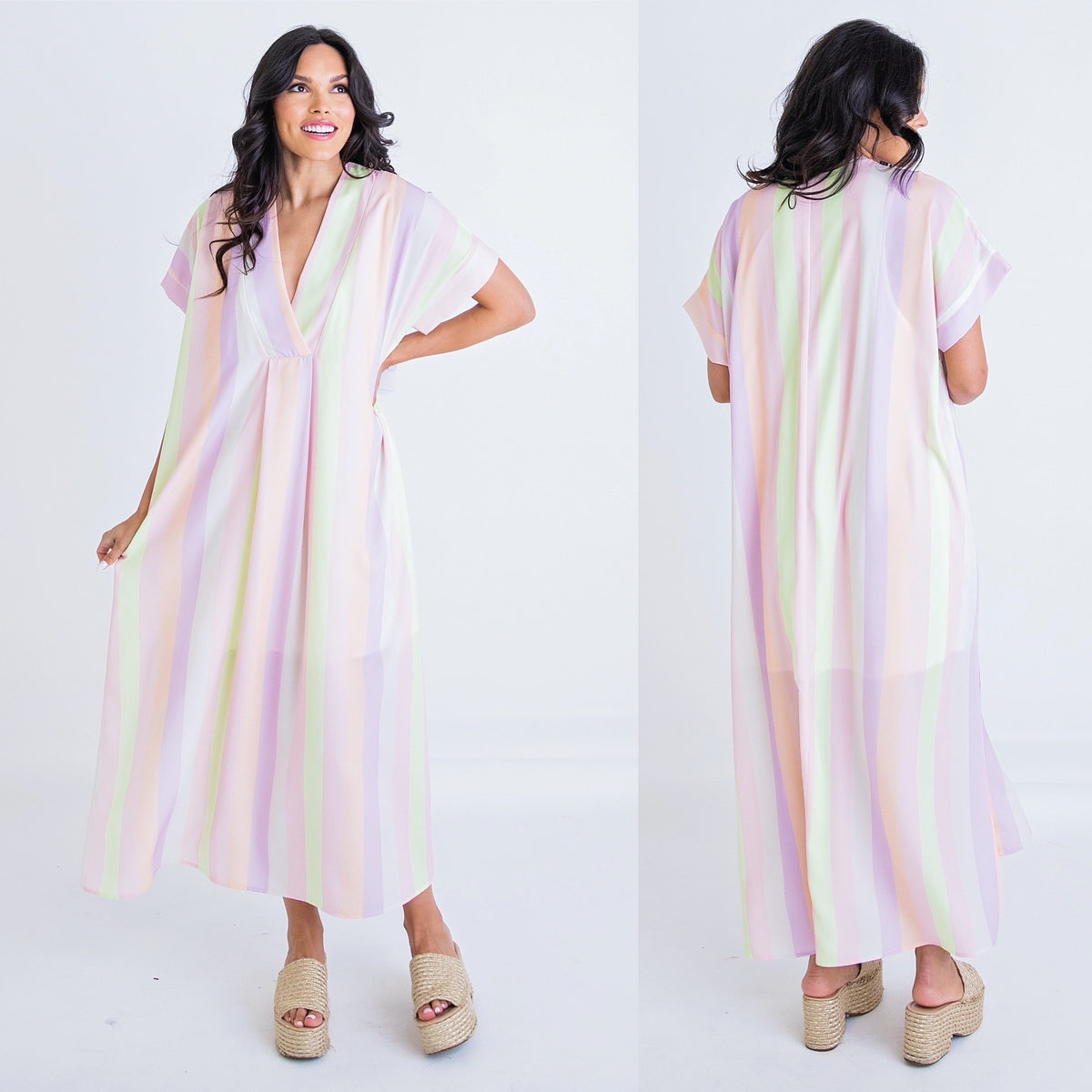 PASTEL STRIPE VNECK MAXI DRESS