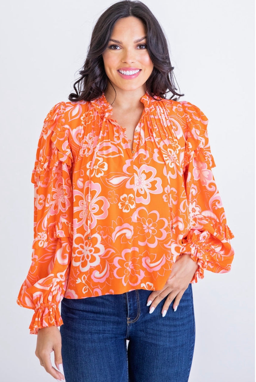 ORANGE FLORAL RUFFLE SLV TOP