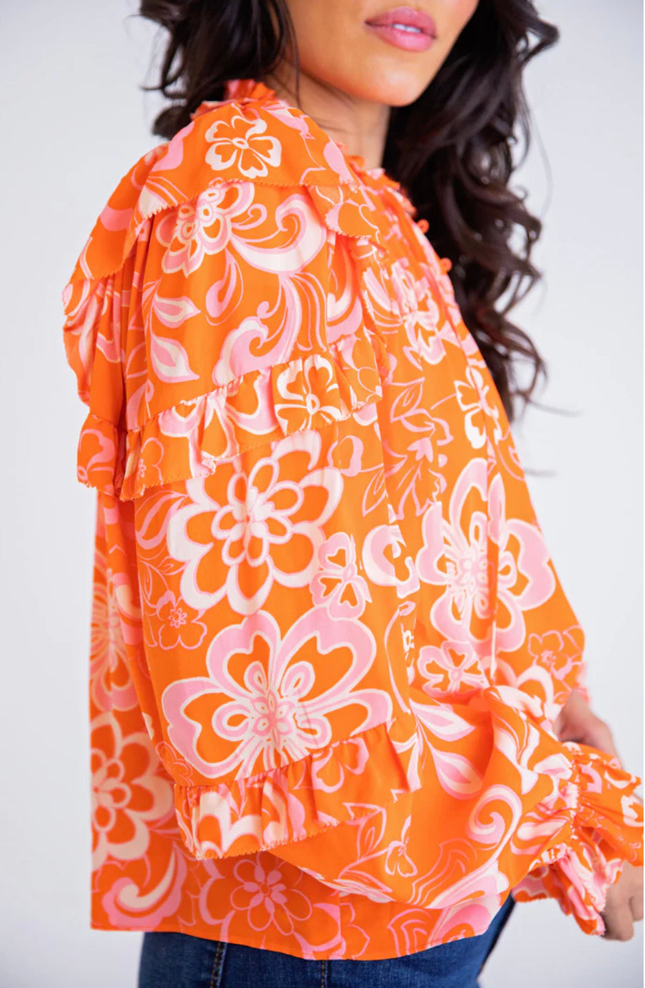 ORANGE FLORAL RUFFLE SLV TOP