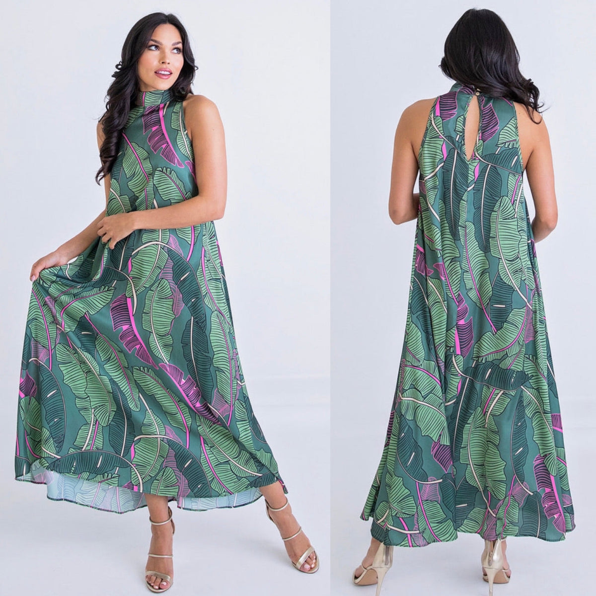 GREEN LEAF HALTER KEYHOLE MAXI