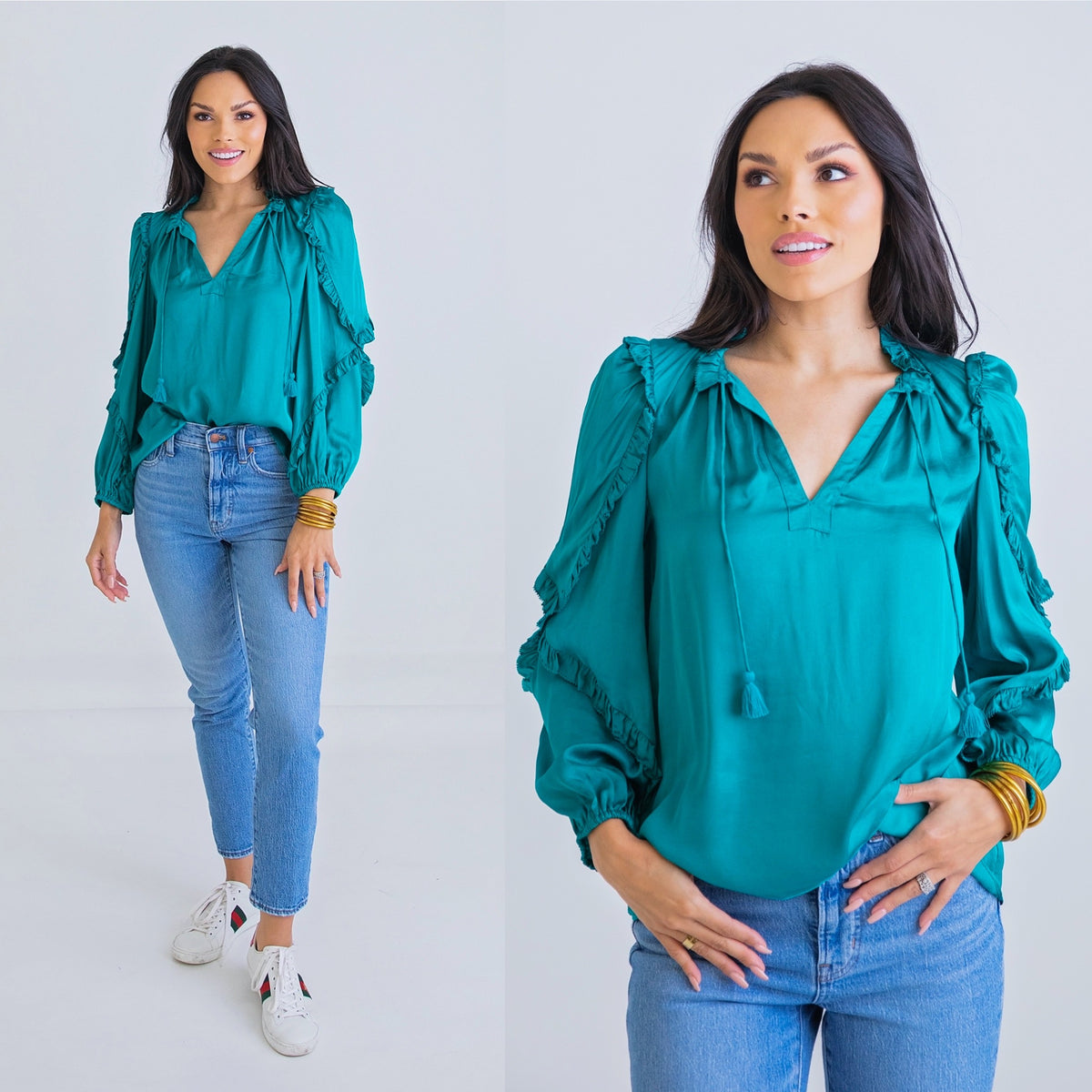 TEAL RUFFLE SLV TOP