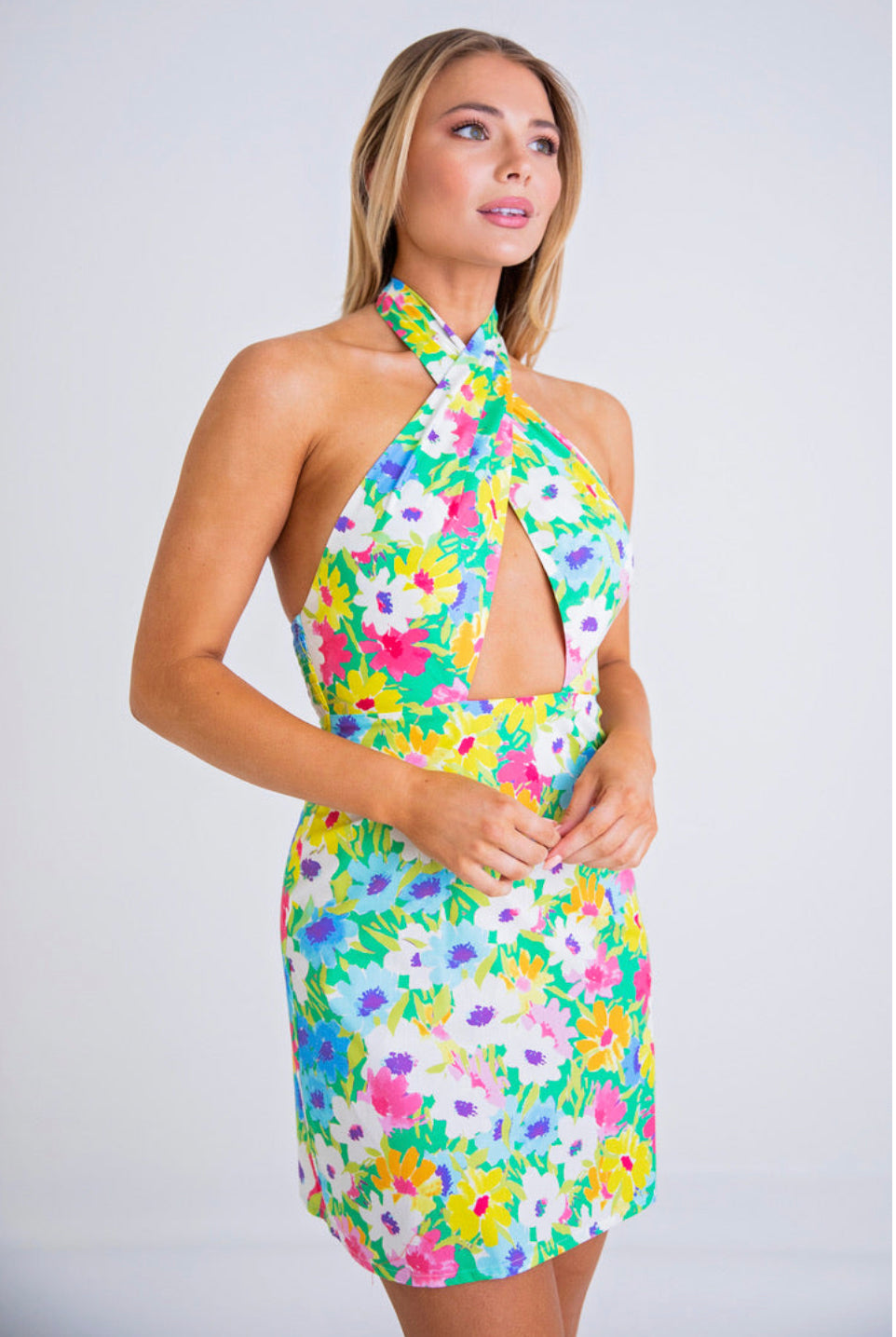 BRIGHT FLORAL HALTER CROSS FRONT DRESS