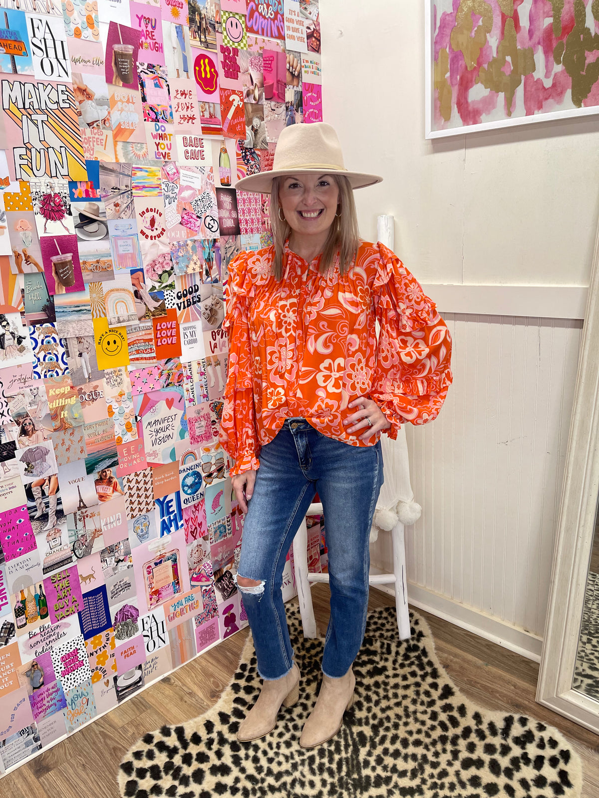 ORANGE FLORAL RUFFLE SLV TOP