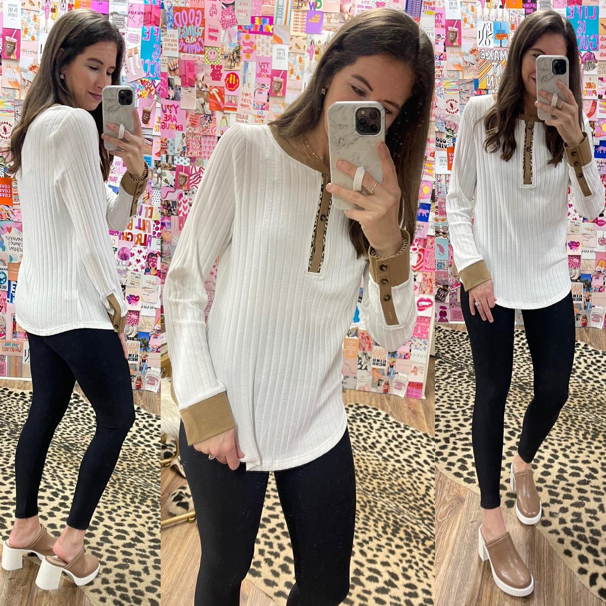 RIB KNIT LEOPARD CONTRAST TOP