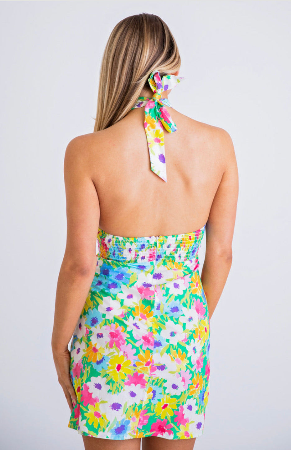 BRIGHT FLORAL HALTER CROSS FRONT DRESS