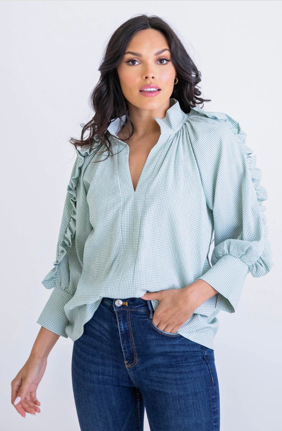 GREEN GINGHAM RUFFLE VNECK TOP