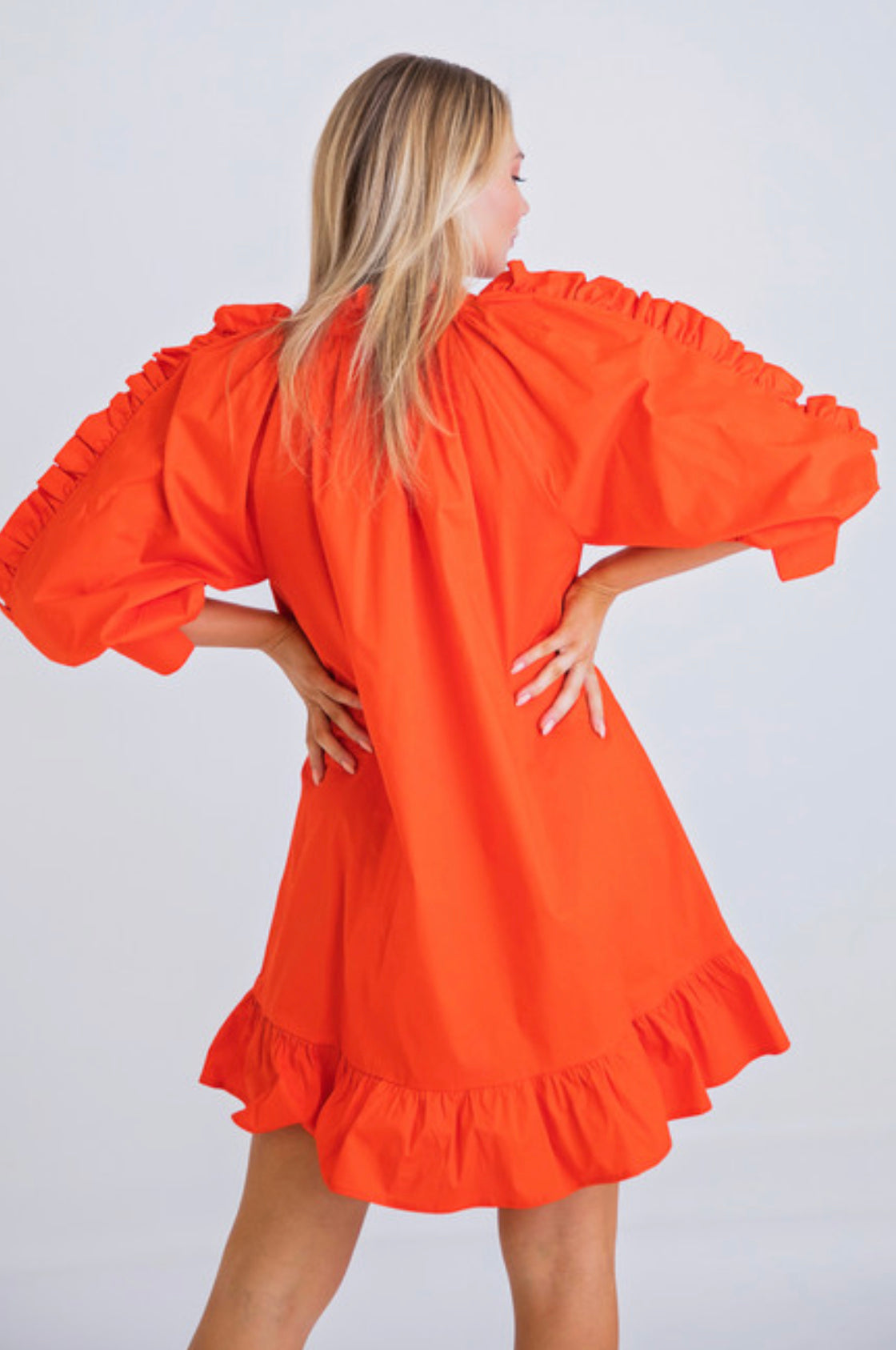 TOMATO RED RUFFLE POPLIN RUFFLE SLV DRESS