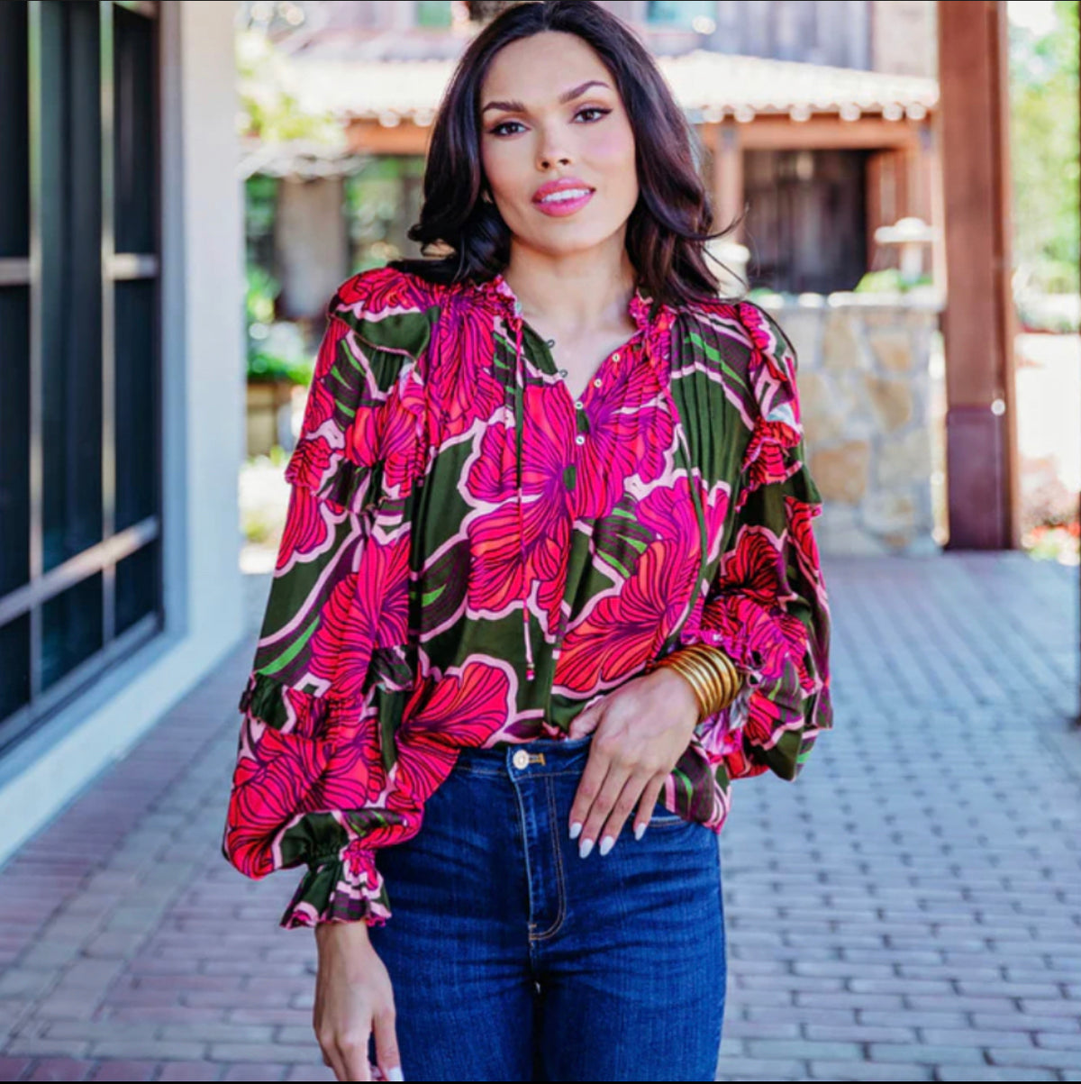 PINK/GREEN FLORAL RUFFLE SLV TOP