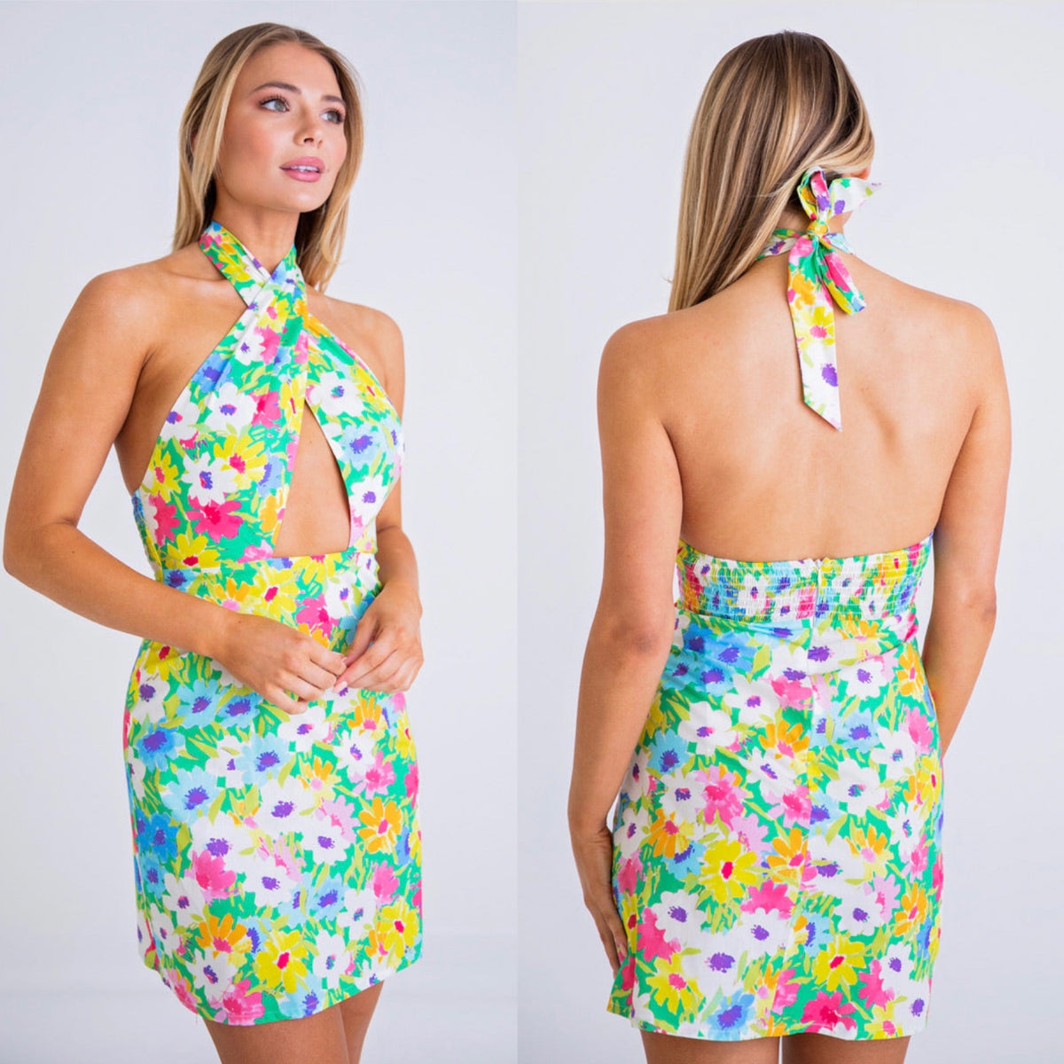 BRIGHT FLORAL HALTER CROSS FRONT DRESS