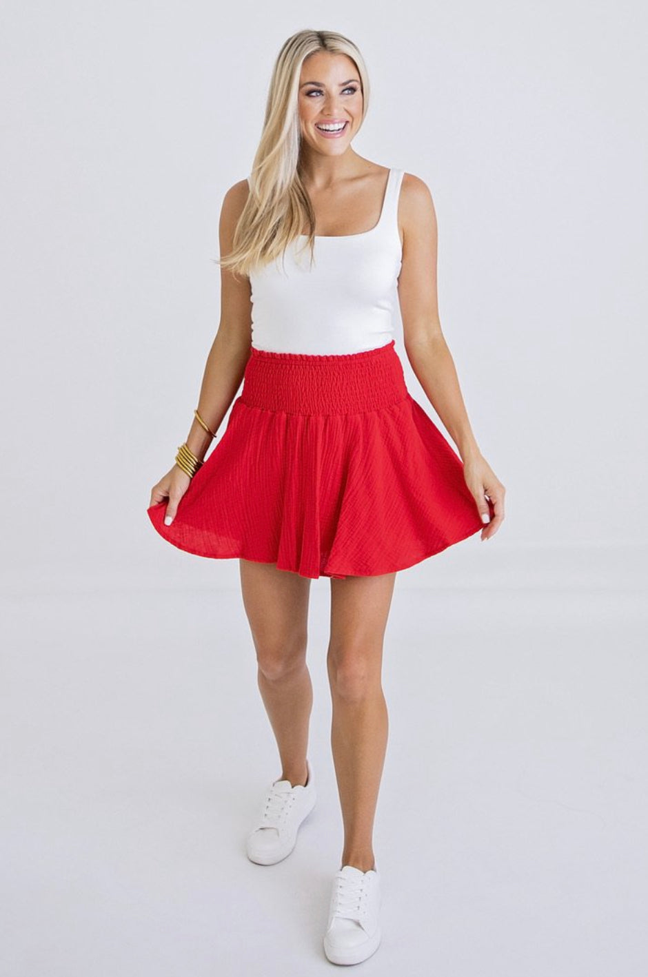 RED SMOCKED SKORT