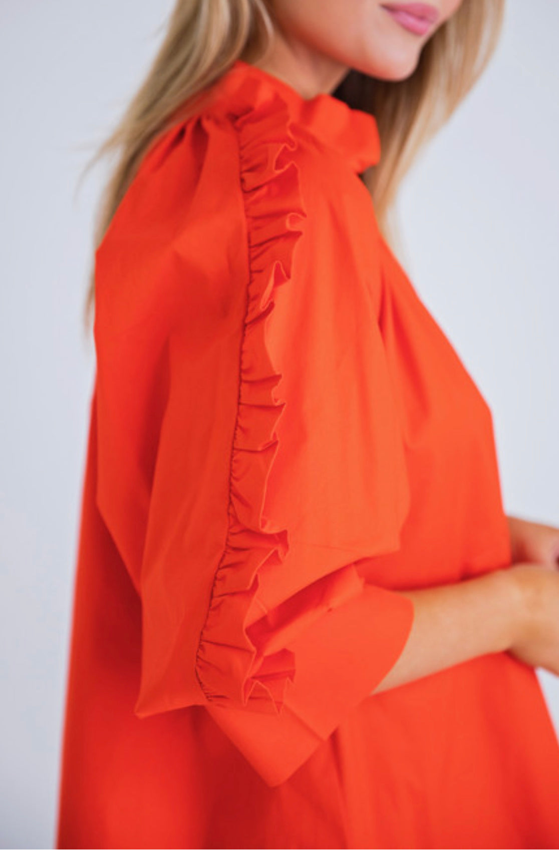 TOMATO RED RUFFLE POPLIN RUFFLE SLV DRESS