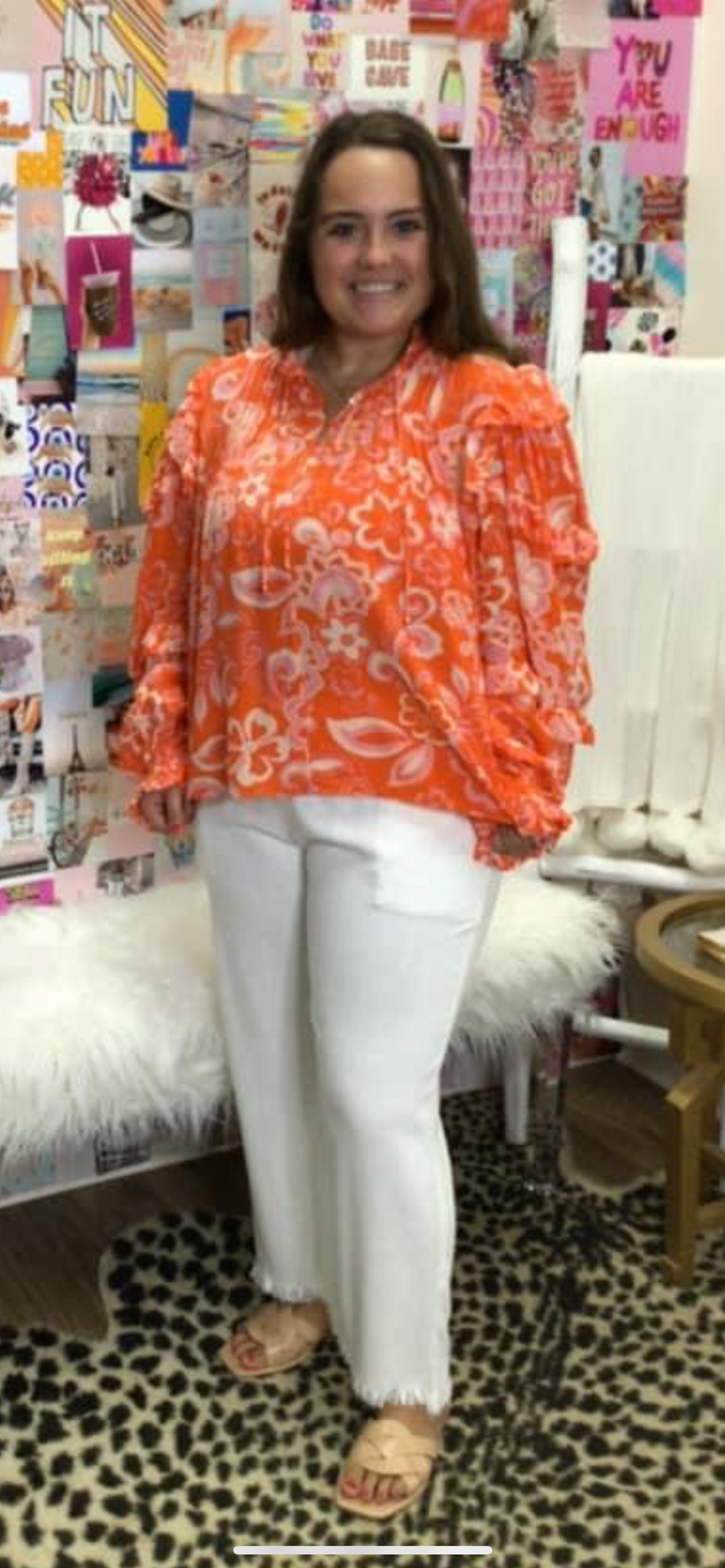 ORANGE FLORAL RUFFLE SLV TOP