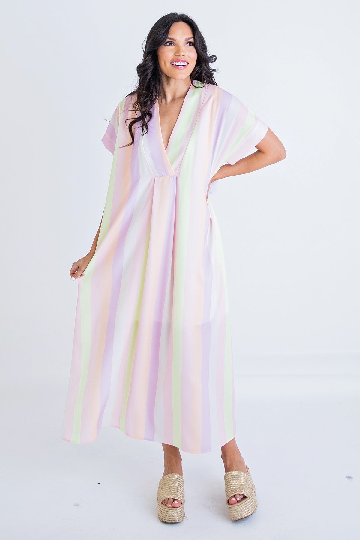 PASTEL STRIPE VNECK MAXI DRESS