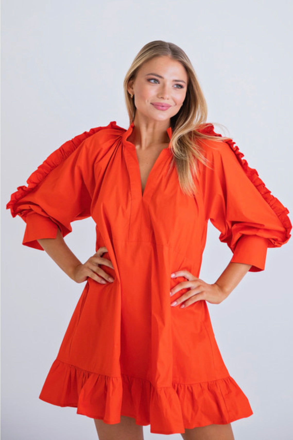 TOMATO RED RUFFLE POPLIN RUFFLE SLV DRESS