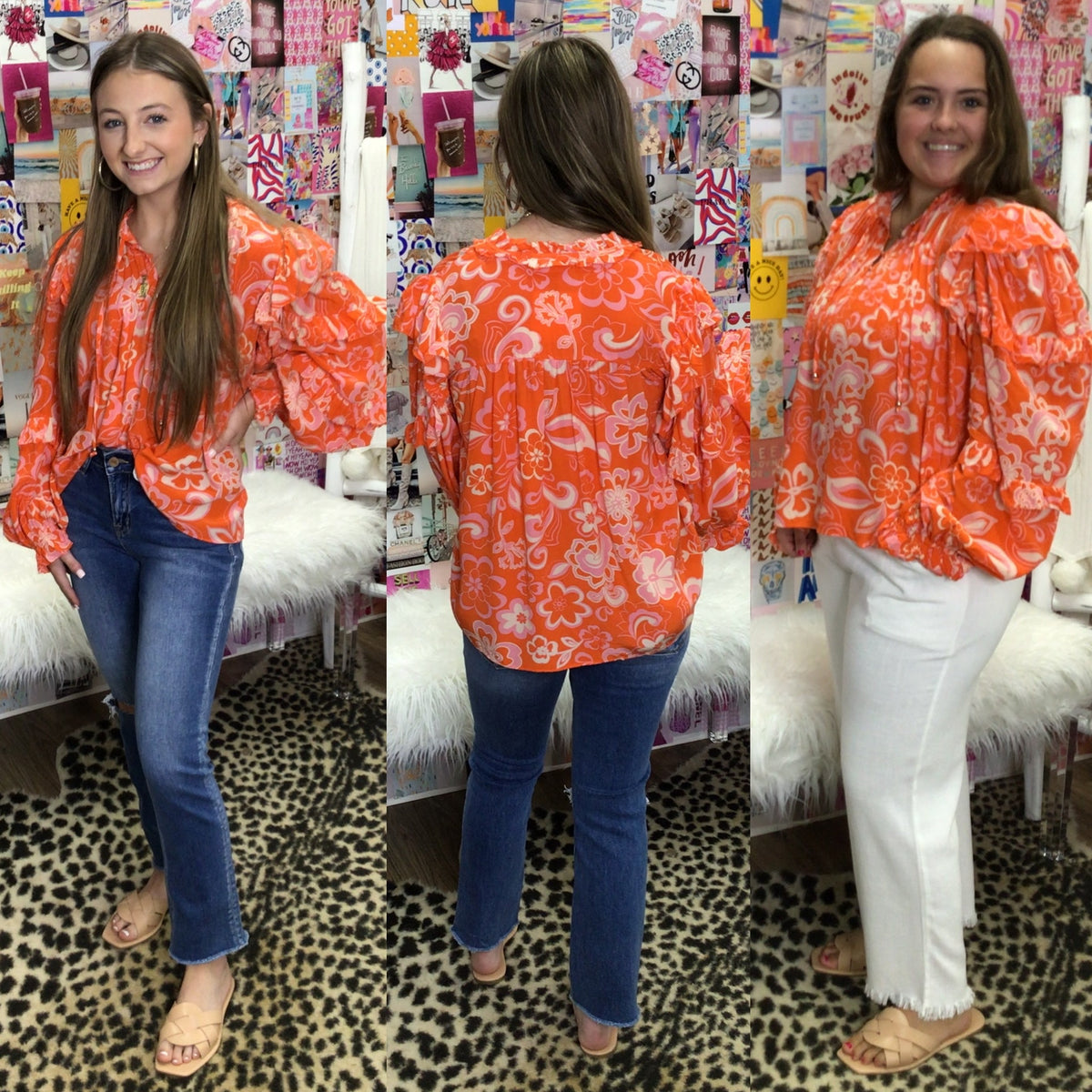 ORANGE FLORAL RUFFLE SLV TOP
