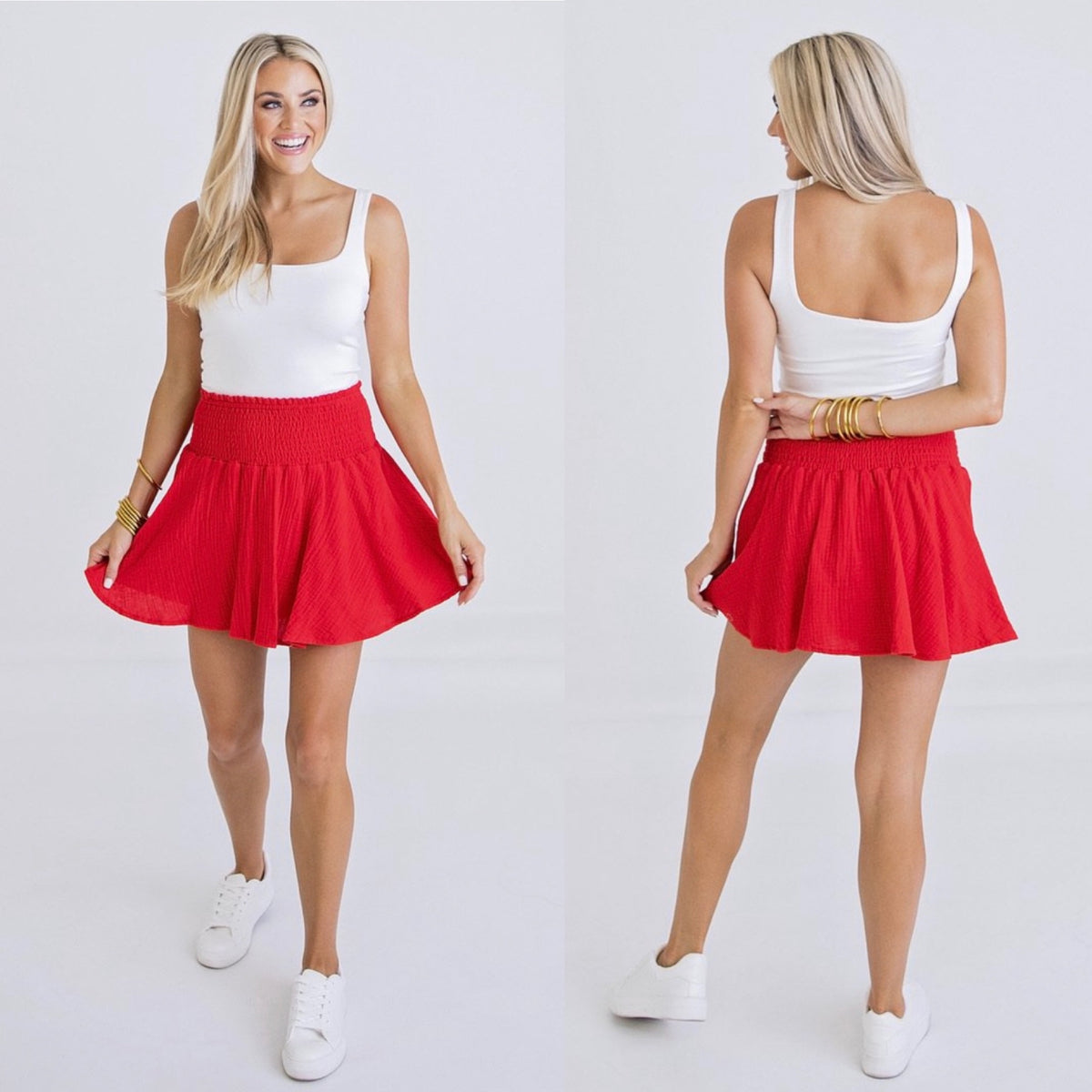RED SMOCKED SKORT