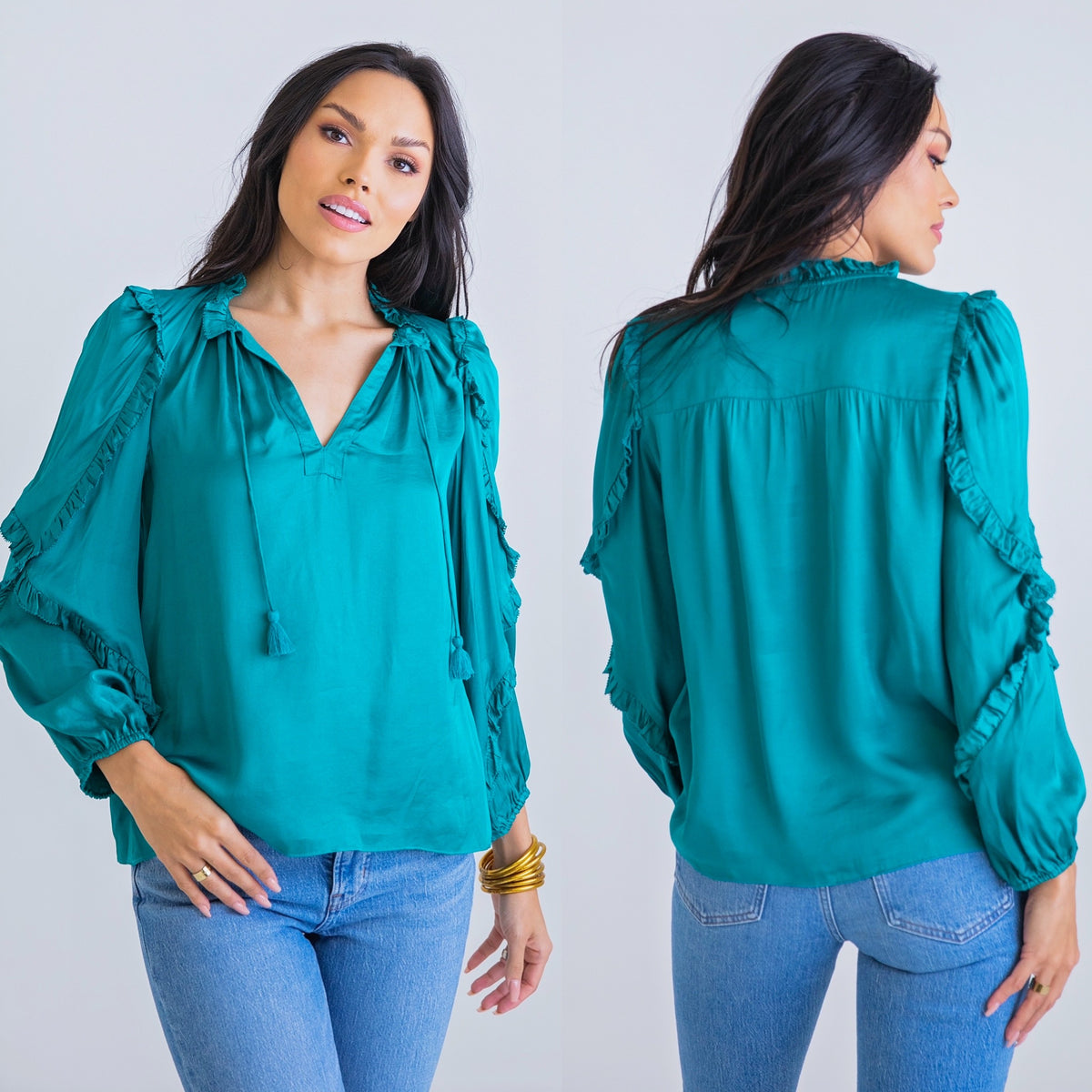 TEAL RUFFLE SLV TOP