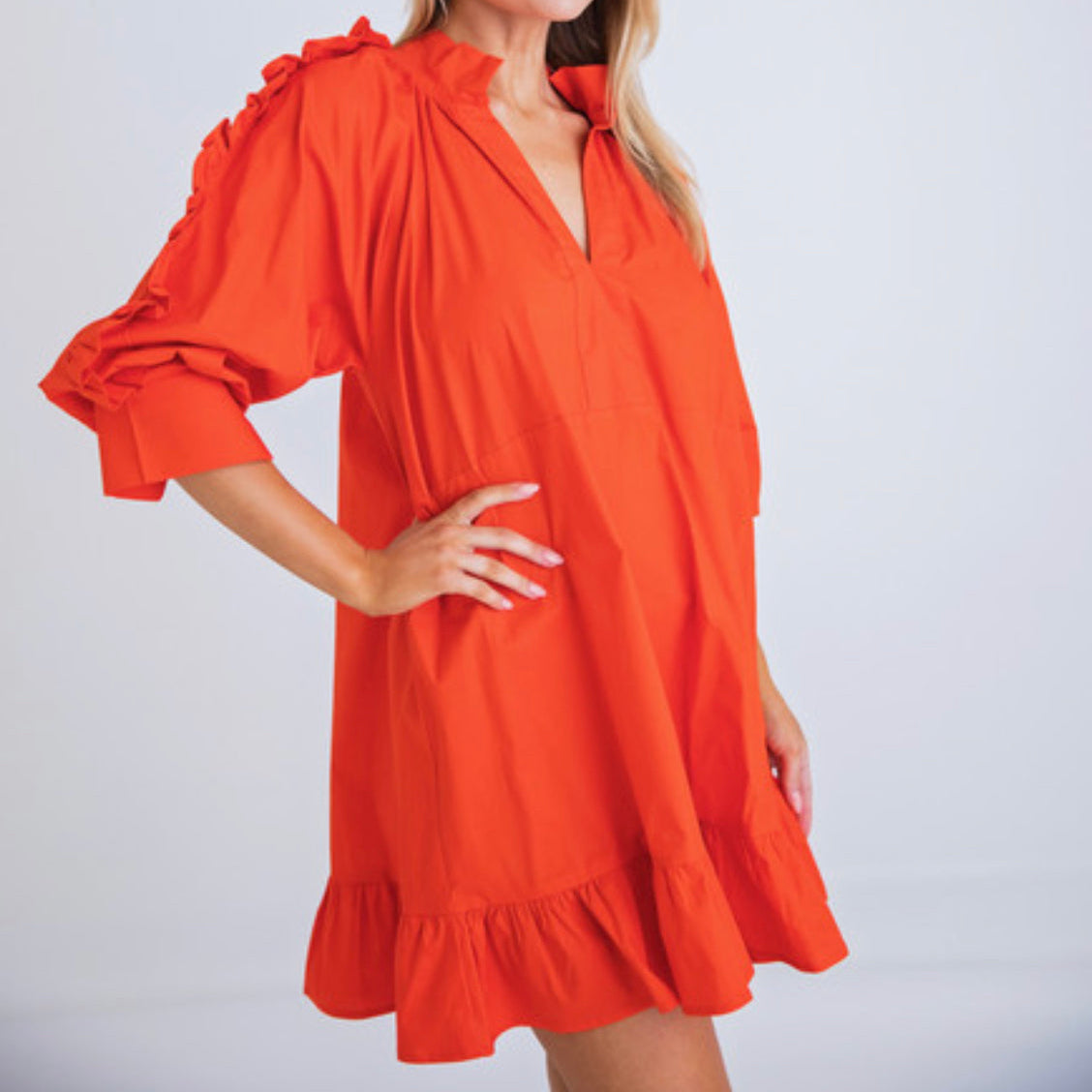 TOMATO RED RUFFLE POPLIN RUFFLE SLV DRESS