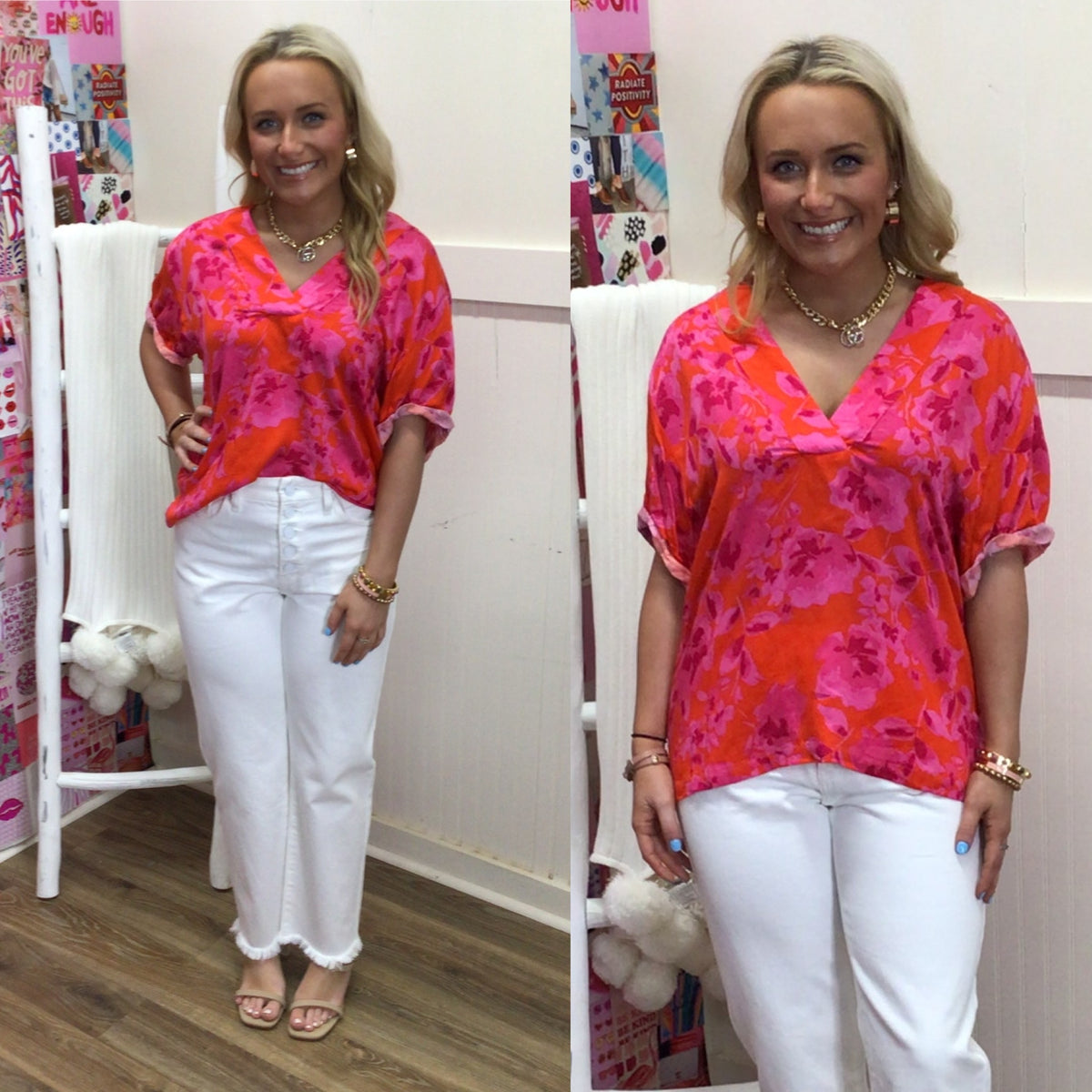 PINK ORANGE FLORAL VNECK