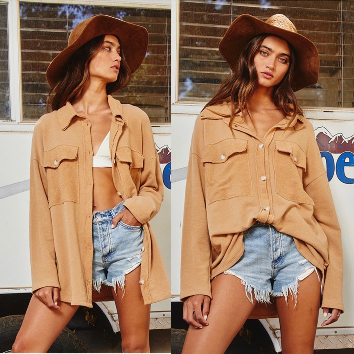 CALLIE CAMEL FRENCH TERRY BUTTON SHIRT