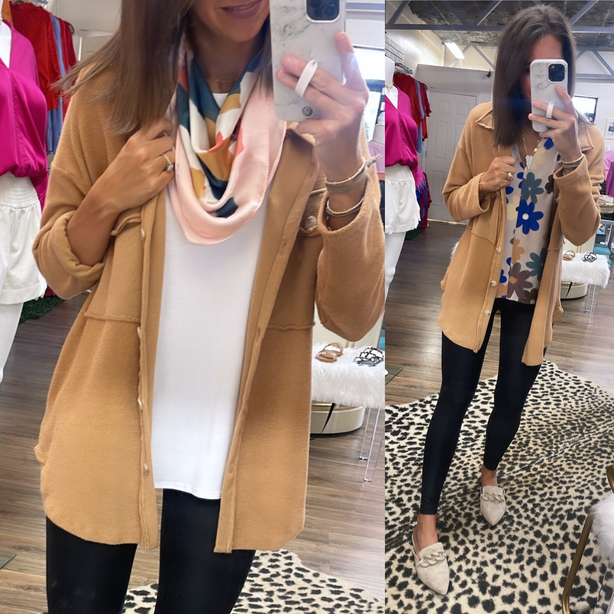 CALLIE CAMEL FRENCH TERRY BUTTON SHIRT