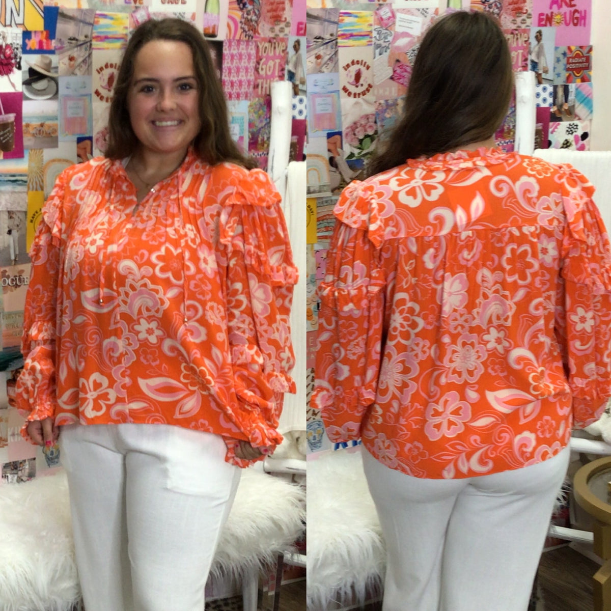 ORANGE FLORAL RUFFLE SLV TOP
