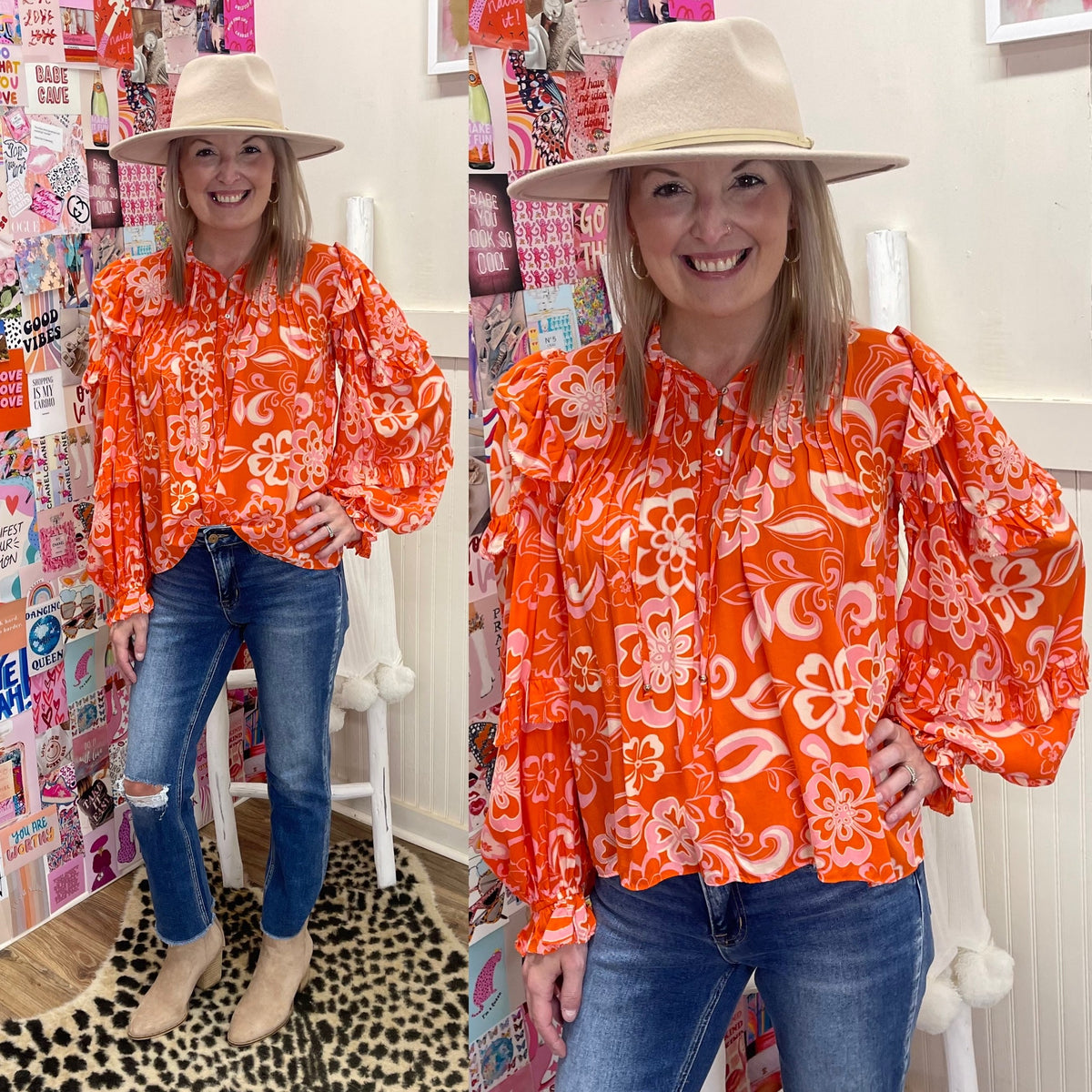 ORANGE FLORAL RUFFLE SLV TOP