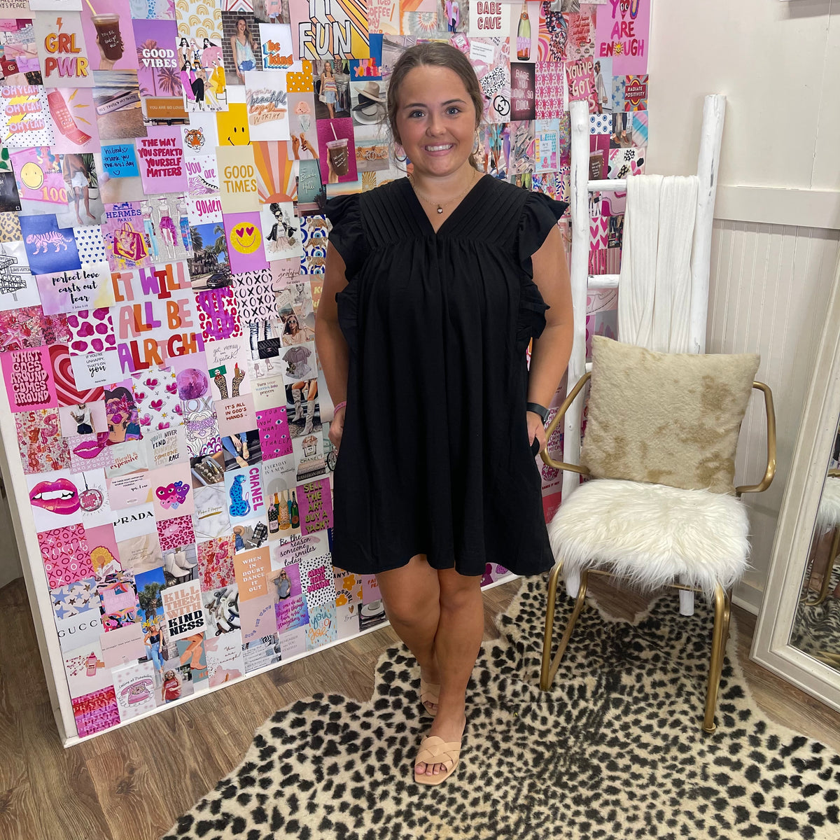 BLACK PINTUCK RUFFLED DRESS