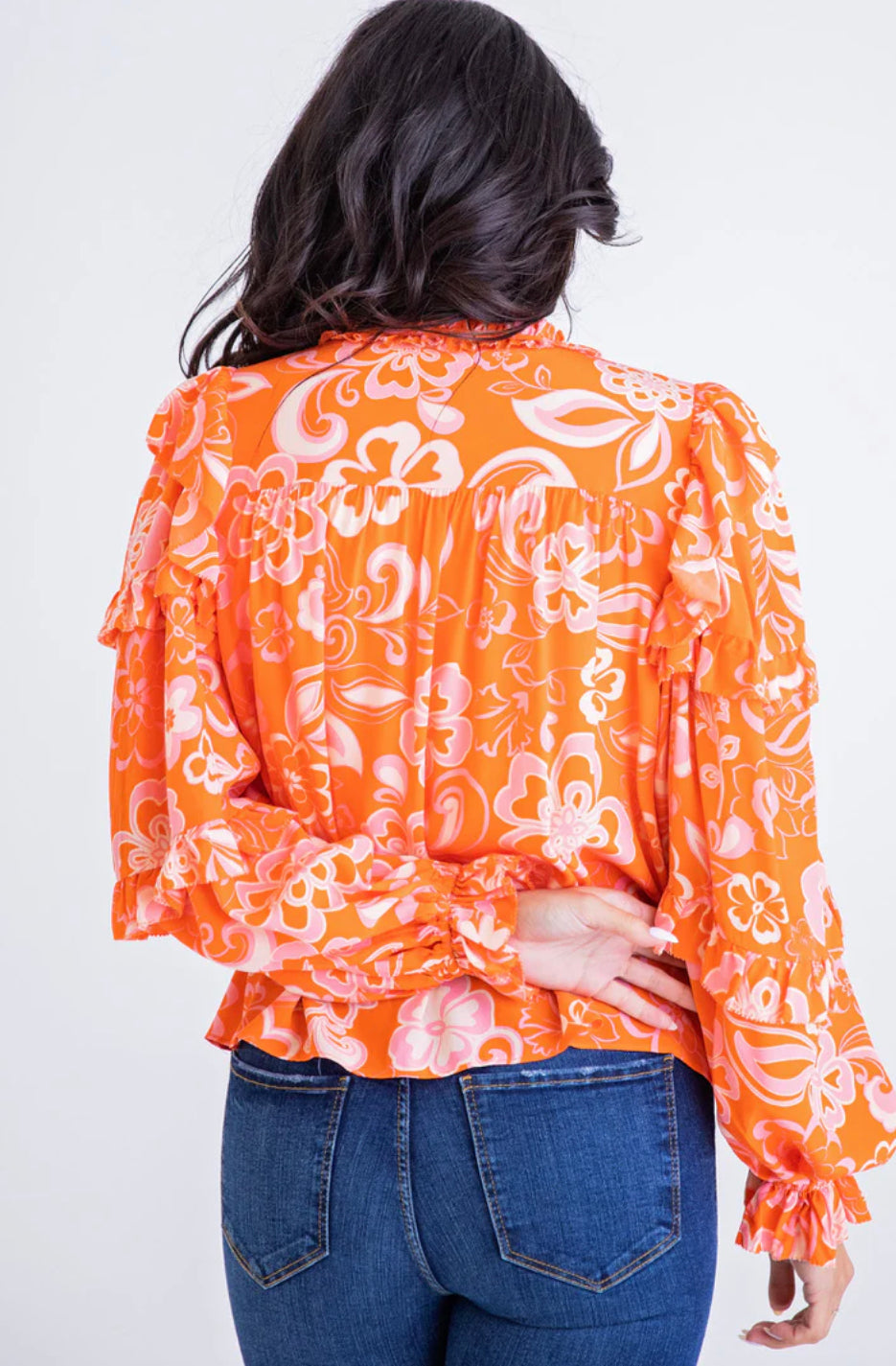 ORANGE FLORAL RUFFLE SLV TOP