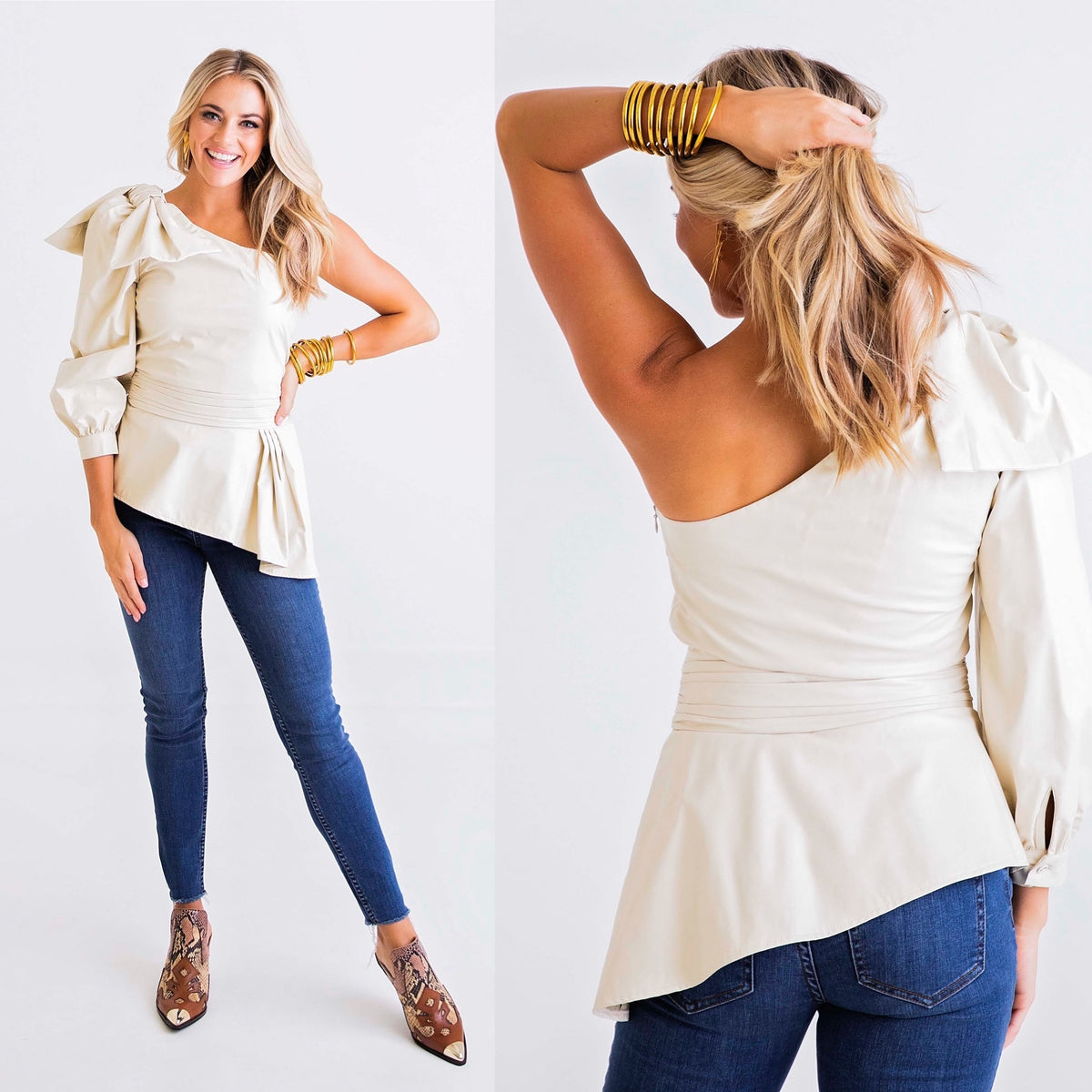 CREAM PLEATER ONE SHOULDER TOP