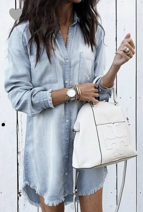 DENIM FRAY BUTTON DRESS